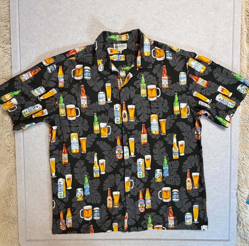 Aloha Republic Men’s XL Hawaiian Shirt Beer Bottle Print Made in Hawaii Black